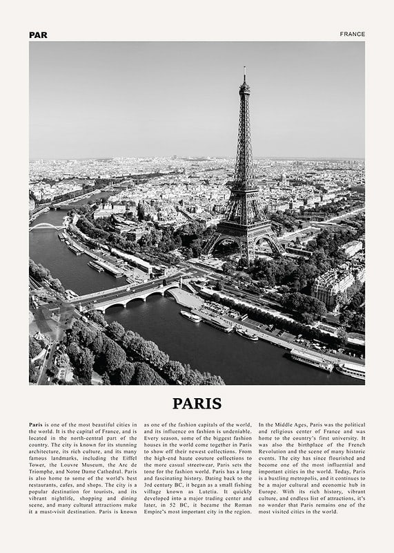 Svartvitt fotografi över Eiffeltornet och Paris stadskärna-12