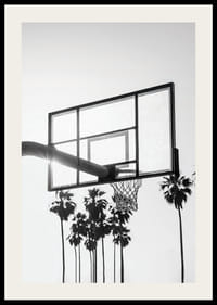 Photographie en noir et blanc d'un panier de basket avec des palmiers en arrière-plan-2