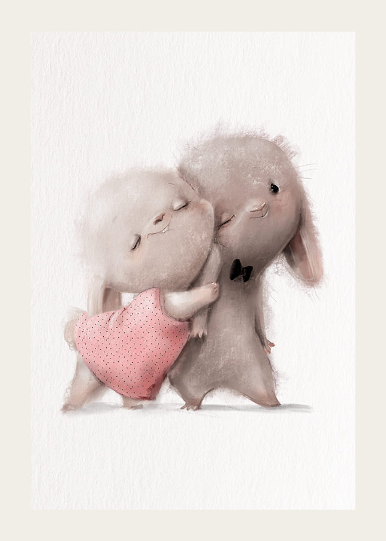 Geïllustreerde knuffelende konijnen, zachte beige tinten-12