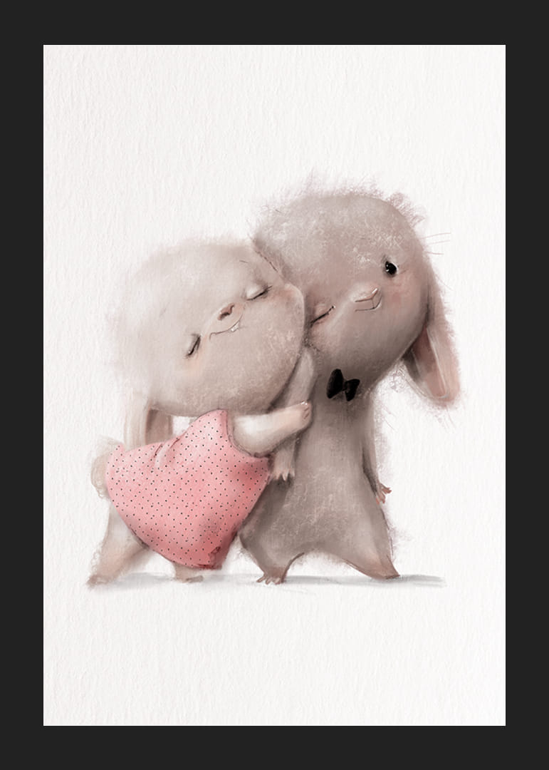 Geïllustreerde knuffelende konijnen, zachte beige tinten-12