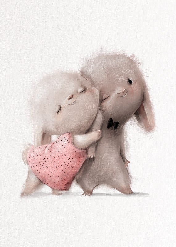 Illustrated rabbits hugging, soft beige tones-12