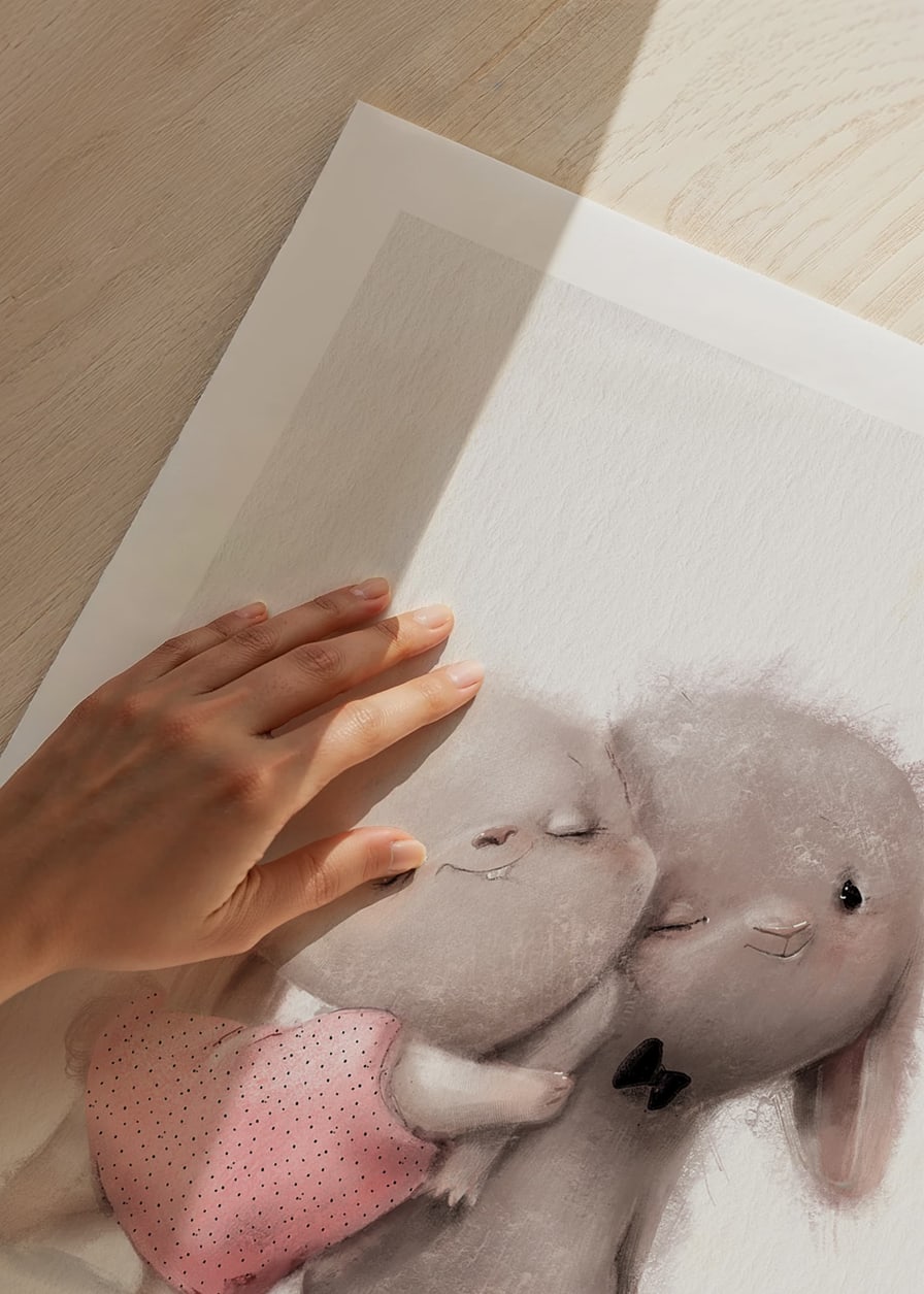 Illustrated rabbits hugging, soft beige tones-12