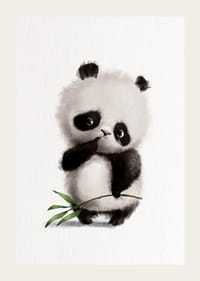 Kuvitettu mustavalkoinen pandanpentu bambunoksalla ja valkoisella taustalla-3