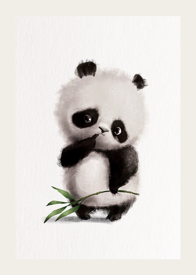 Kuvitettu mustavalkoinen pandanpentu bambunoksalla ja valkoisella taustalla-12