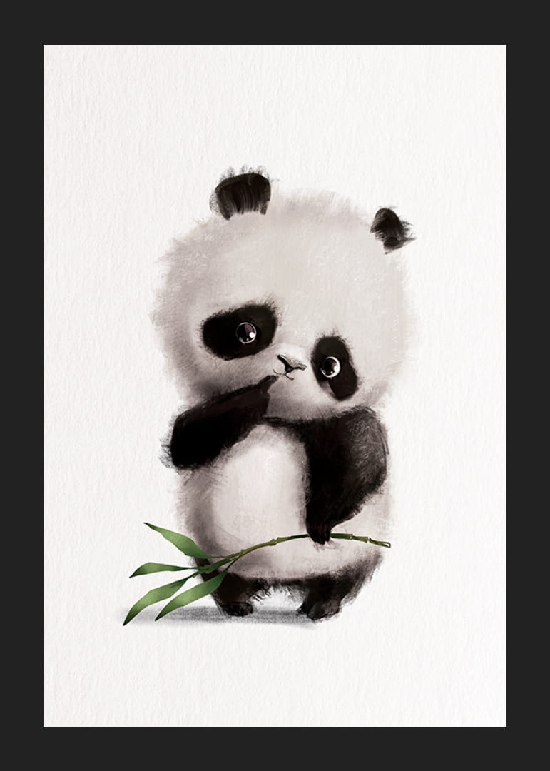 Kuvitettu mustavalkoinen pandanpentu bambunoksalla ja valkoisella taustalla-12