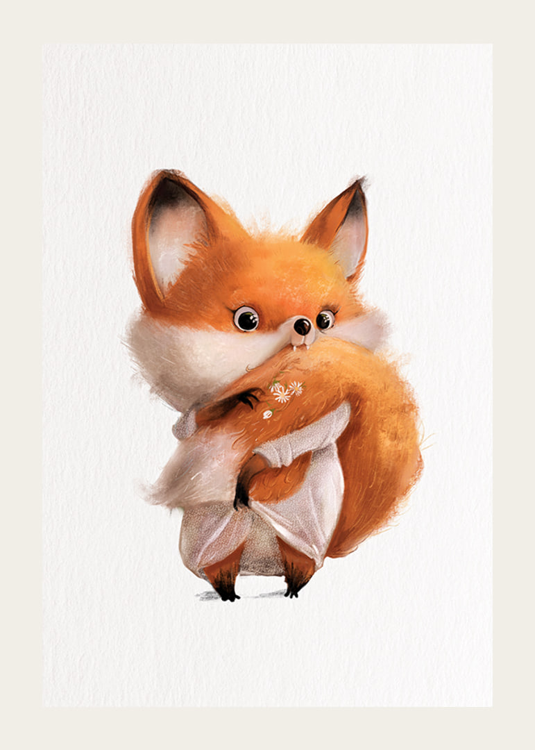 Illustrated fox cub with big tail on white background-12
