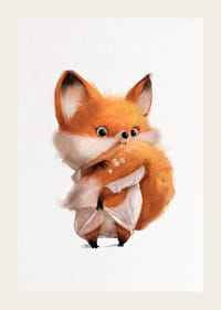 Illustreret ræveunge med stor hale på hvid baggrund-3