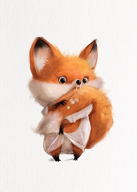 Illustrated fox cub with big tail on white background-12