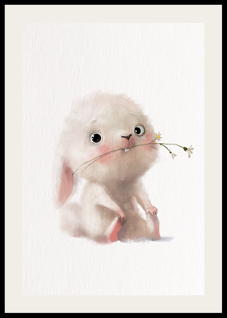 Illustration d'un lapin brillant avec une fleur dans la bouche, couleurs pastel-12