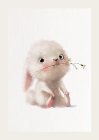 Illustration d'un lapin brillant avec une fleur dans la bouche, couleurs pastel-3