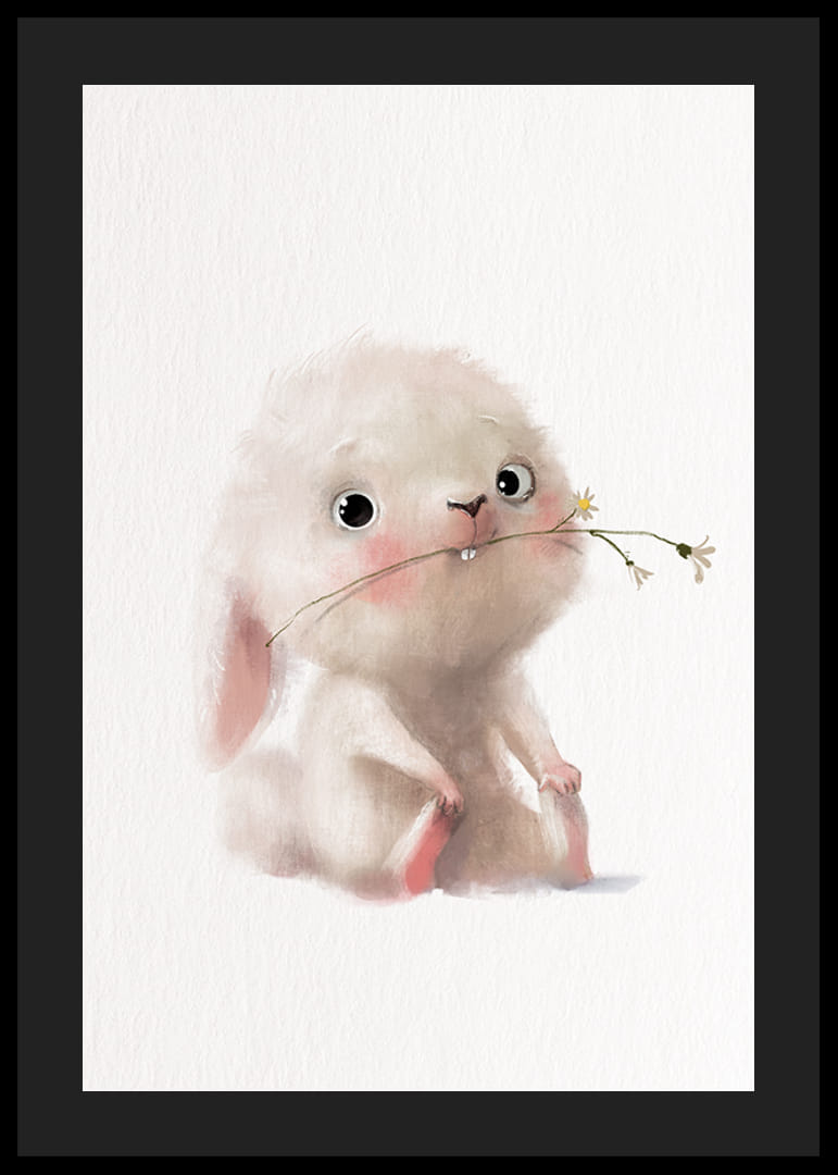 Illustration d'un lapin brillant avec une fleur dans la bouche, couleurs pastel-12