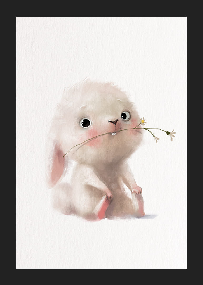 Illustration d'un lapin brillant avec une fleur dans la bouche, couleurs pastel-12