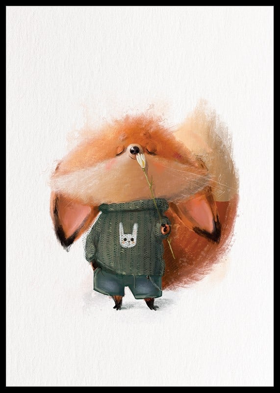 Illustrated fox in green sweater smells white flower-12