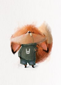 Illustrated fox in green sweater smells white flower-7