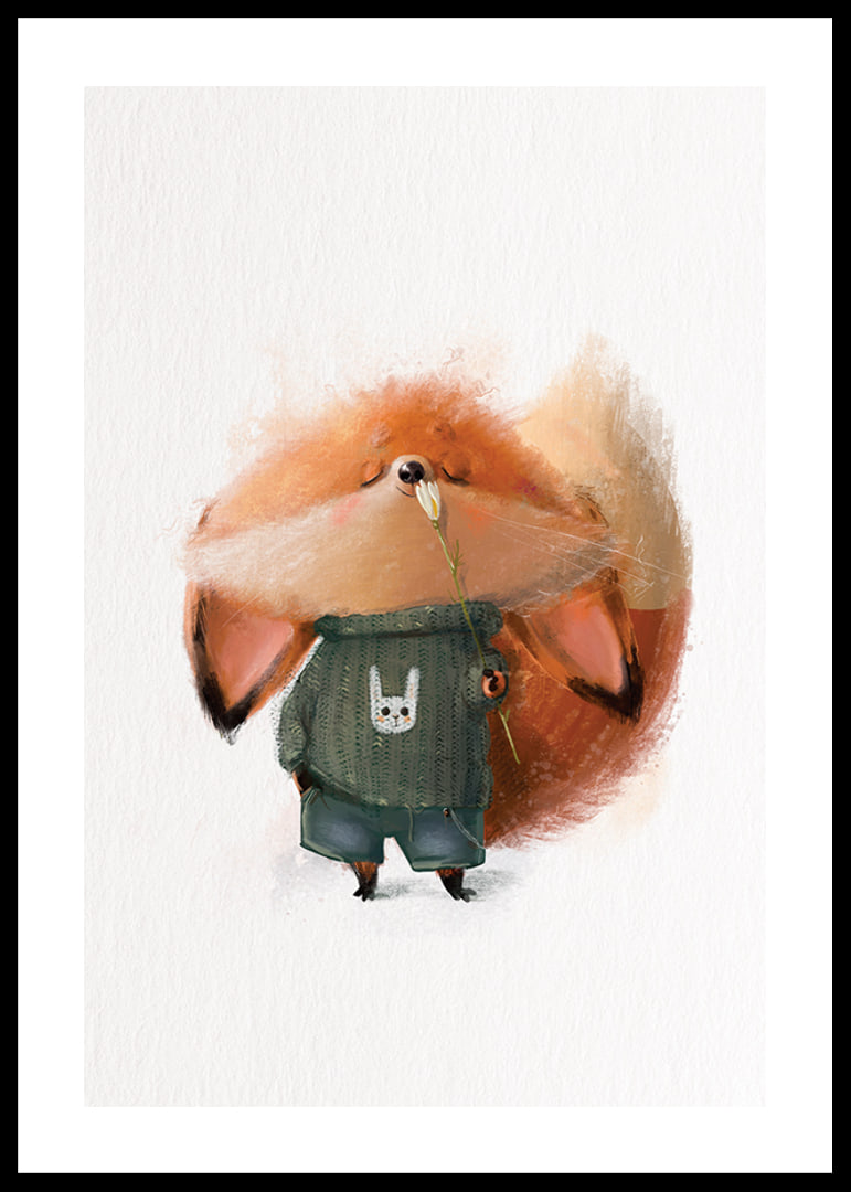 Illustrated fox in green sweater smells white flower-12