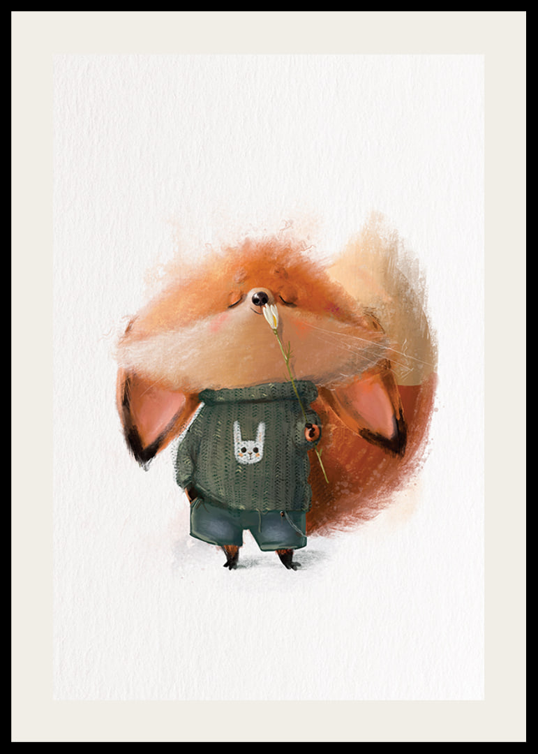 Illustrated fox in green sweater smells white flower-12