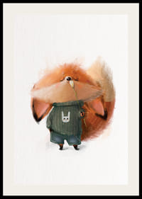 Volpe illustrata con maglione verde annusa un fiore bianco-2