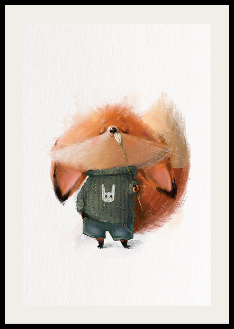 Volpe illustrata con maglione verde annusa un fiore bianco-12