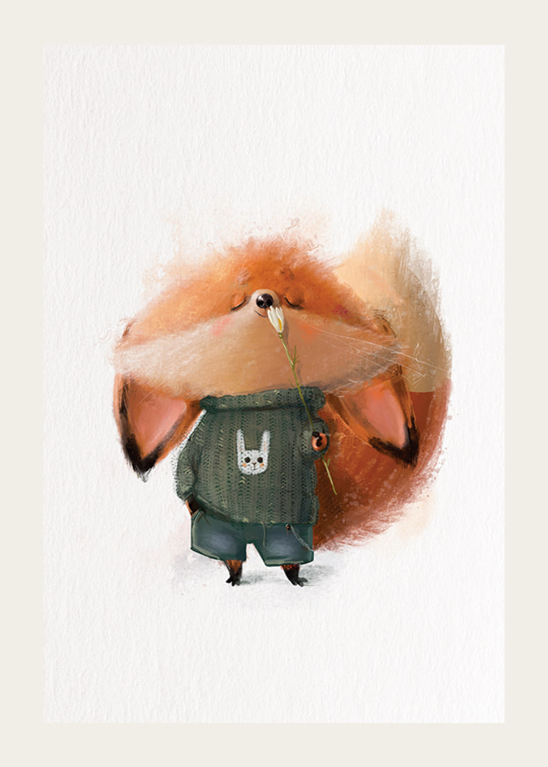 Illustrated fox in green sweater smells white flower-12