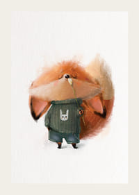 Volpe illustrata con maglione verde annusa un fiore bianco-3