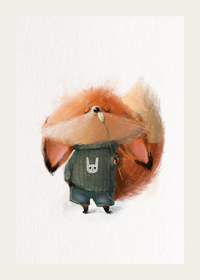 Volpe illustrata con maglione verde annusa un fiore bianco-12