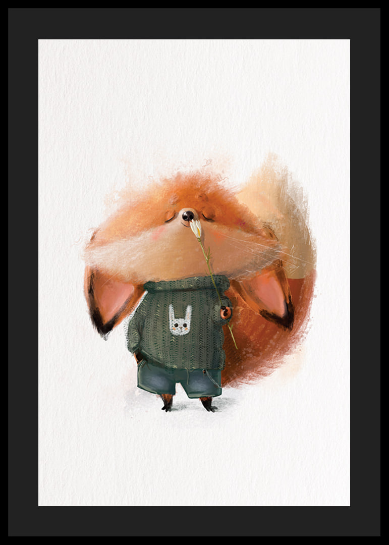 Illustrated fox in green sweater smells white flower-12