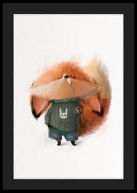 Volpe illustrata con maglione verde annusa un fiore bianco-4