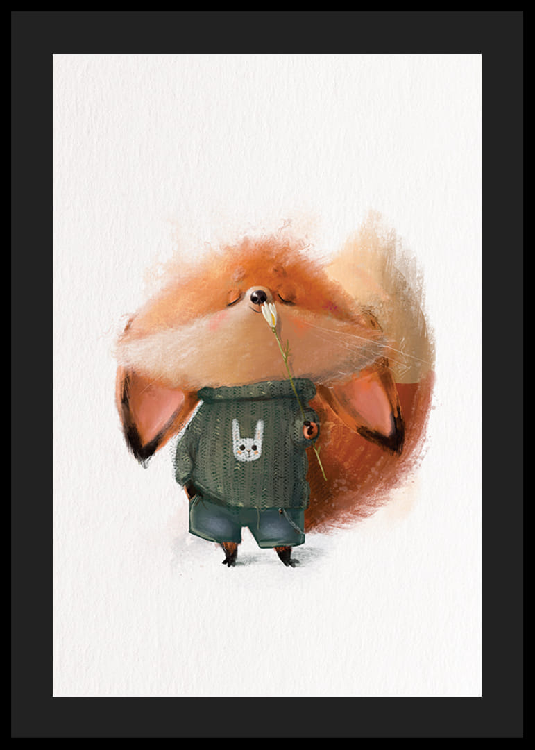 Volpe illustrata con maglione verde annusa un fiore bianco-12