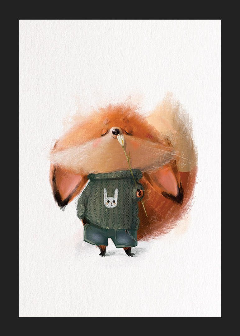 Illustrated fox in green sweater smells white flower-12