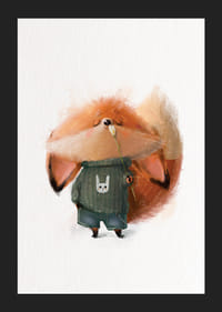 Volpe illustrata con maglione verde annusa un fiore bianco-5