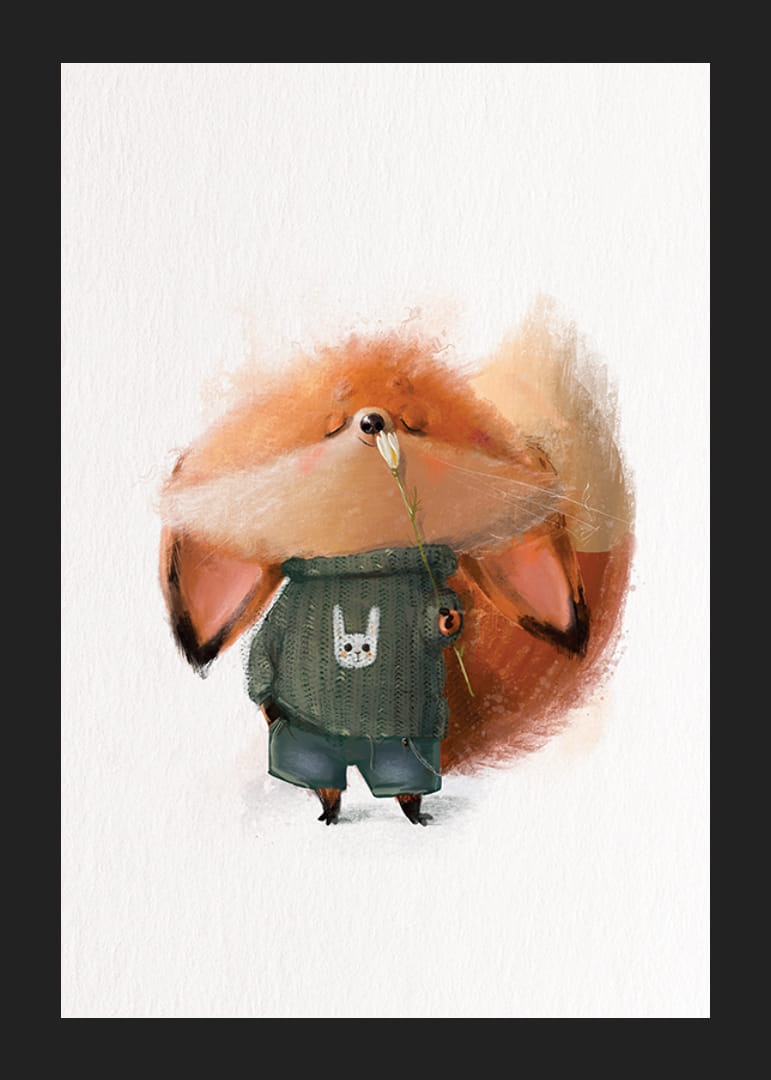 Volpe illustrata con maglione verde annusa un fiore bianco-12