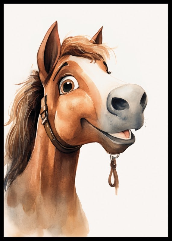 Watercolor illustration of brown horse with white blaze and halter-12
