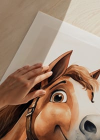 Watercolor illustration of brown horse with white blaze and halter-9