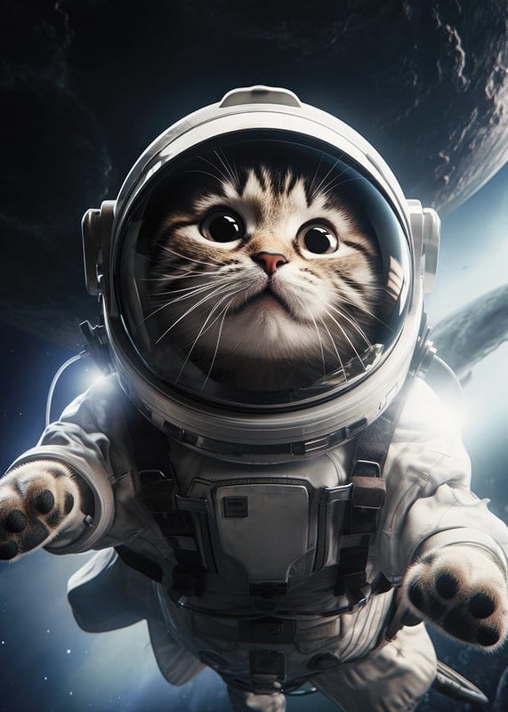 Illustrerad katt i astronautdräkt mot rymdbakgrund-12