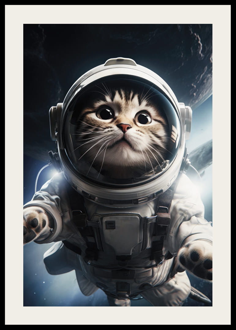Gato ilustrado con traje de astronauta sobre fondo espacial.-12