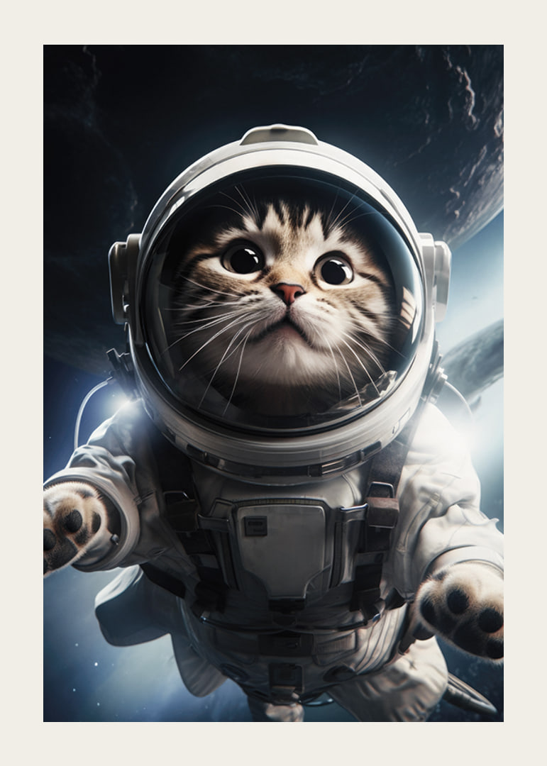 Illustrerad katt i astronautdräkt mot rymdbakgrund-12