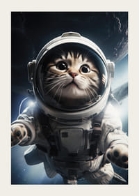 Gato ilustrado con traje de astronauta sobre fondo espacial.-3