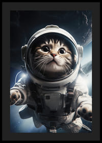 Gato ilustrado con traje de astronauta sobre fondo espacial.-4