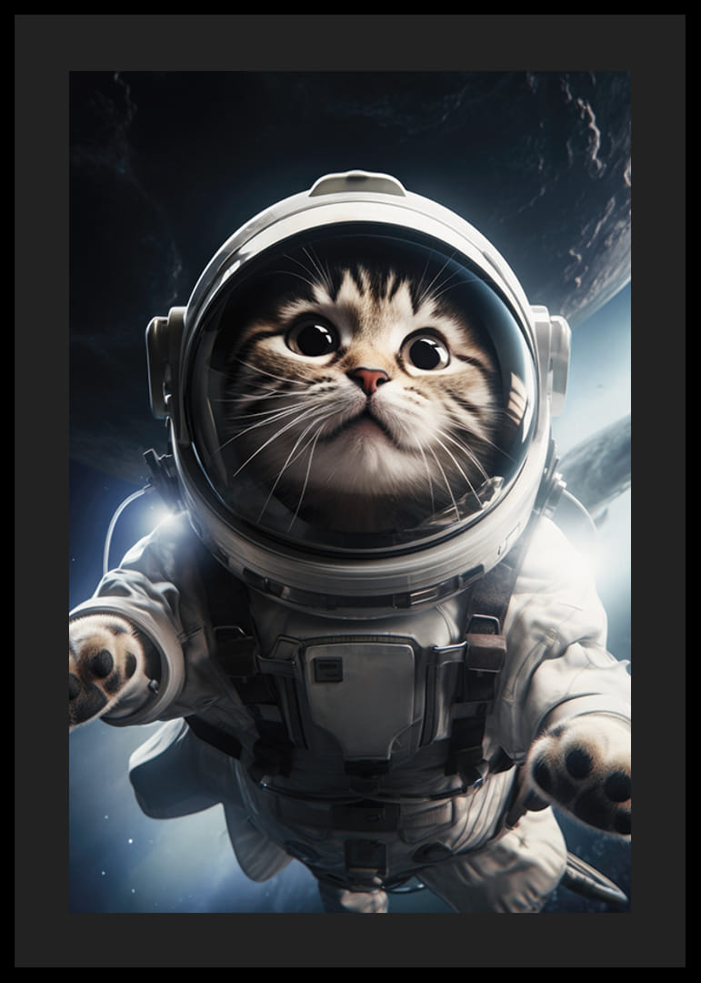 Gato ilustrado con traje de astronauta sobre fondo espacial.-12