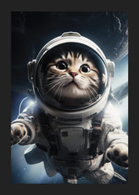 Gato ilustrado con traje de astronauta sobre fondo espacial.-5