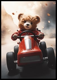 Illustrated teddy bear in red toy car on the road at speed-6