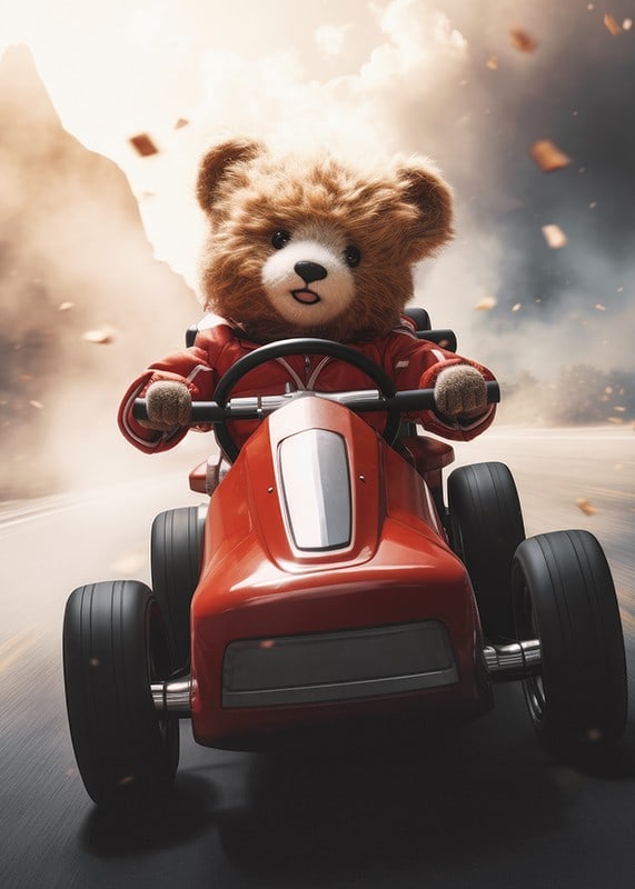 Illustrated teddy bear in red toy car on the road at speed-12