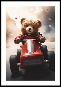 Illustrated teddy bear in red toy car on the road at speed-0