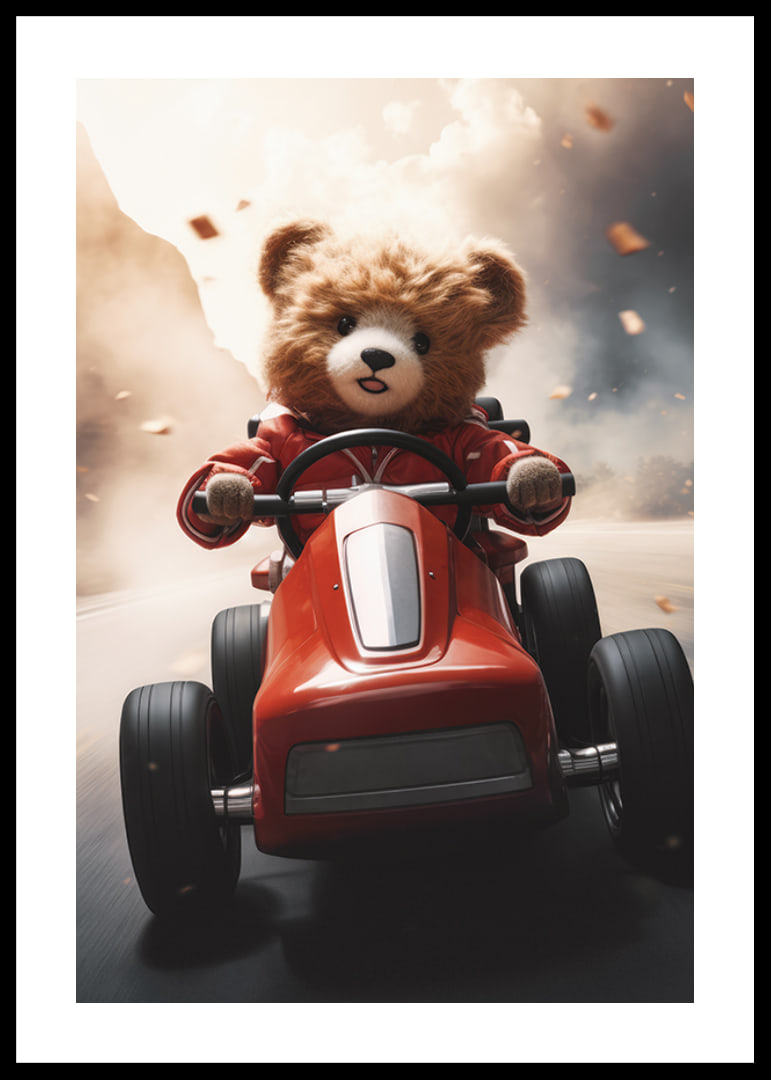 Illustrated teddy bear in red toy car on the road at speed-12