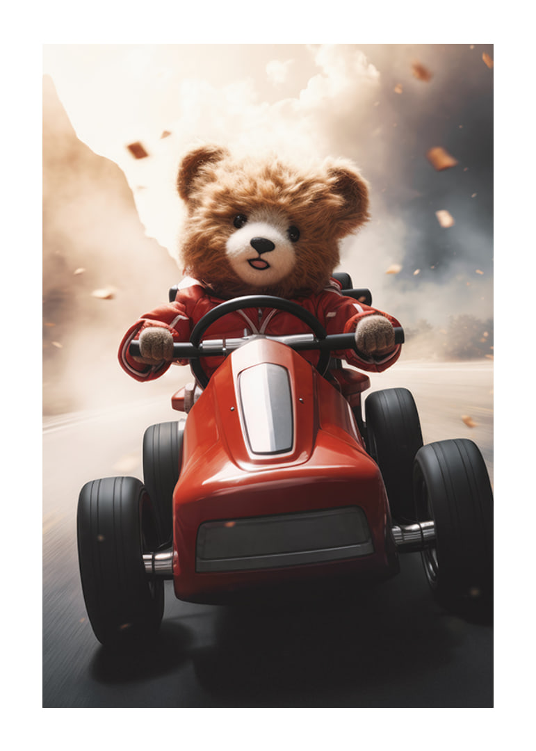 Illustrated teddy bear in red toy car on the road at speed-12