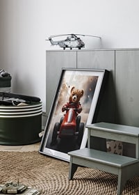 Illustrated teddy bear in red toy car on the road at speed-8