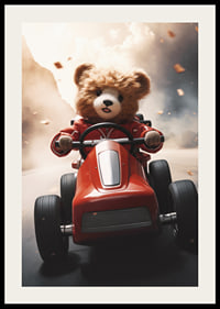 Illustrated teddy bear in red toy car on the road at speed-2