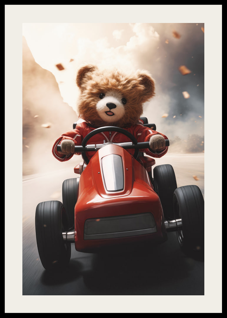 Illustrated teddy bear in red toy car on the road at speed-12