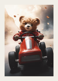 Ours en peluche illustré dans une petite voiture rouge sur la route à grande vitesse-3