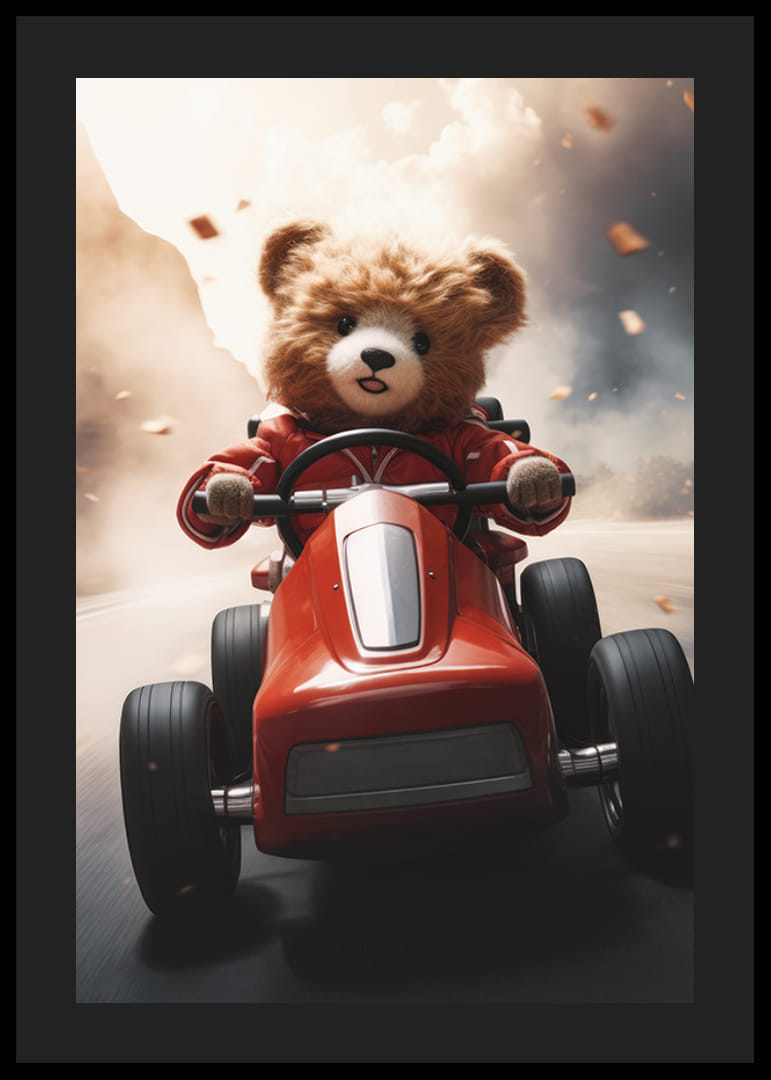 Ours en peluche illustré dans une petite voiture rouge sur la route à grande vitesse-12